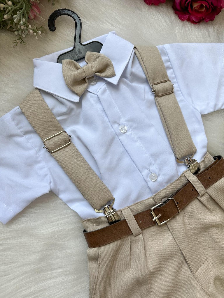 Conjunto Social Infantil Branco em Microfibra com Gravata Bege e Suspensório para Casamento