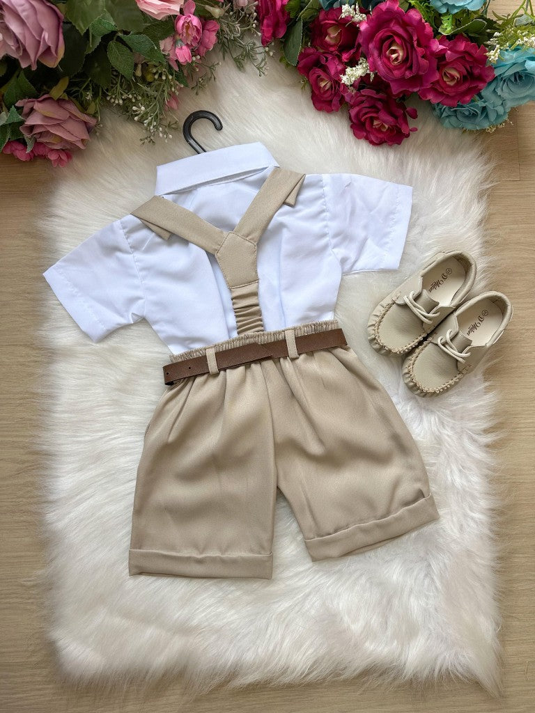 Conjunto Social Infantil Branco em Microfibra com Gravata Bege e Suspensório para Casamento