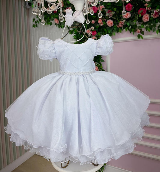 Vestido Infantil Branco em Tule com Renda e Saia Rodada para Daminhas