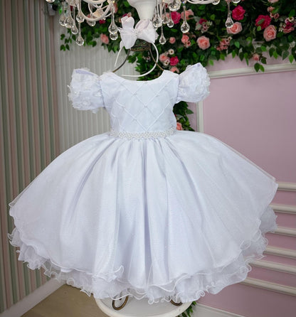 Vestido Infantil Branco em Tule com Renda e Saia Rodada para Daminhas