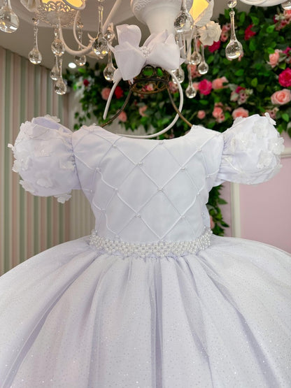 Vestido Infantil Branco em Tule com Renda e Saia Rodada para Daminhas