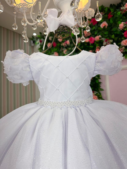 Vestido Infantil Branco em Tule com Renda e Saia Rodada para Daminhas