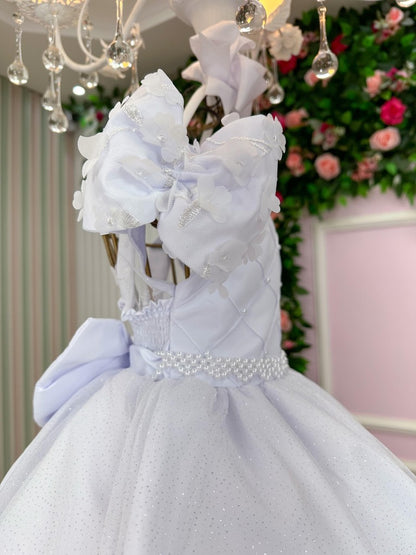 Vestido Infantil Branco em Tule com Renda e Saia Rodada para Daminhas