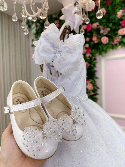 Vestido Infantil Branco em Tule com Renda e Saia Rodada para Daminhas