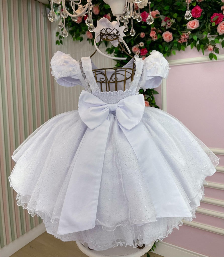 Vestido Infantil Branco em Tule com Renda e Saia Rodada para Daminhas