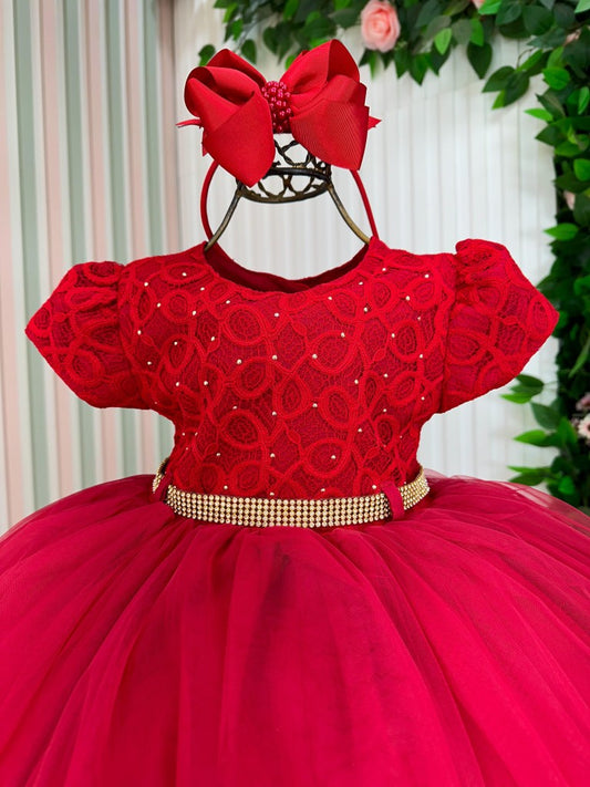 Vestido Infantil Vermelho em Tafetá com Gola Redonda e Caimento Sofisticado para Festa de Aniversário