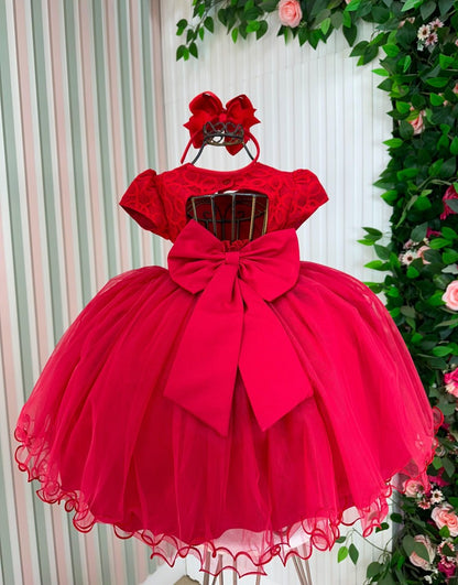 Vestido Infantil Vermelho em Tafetá com Gola Redonda e Caimento Sofisticado para Festa de Aniversário