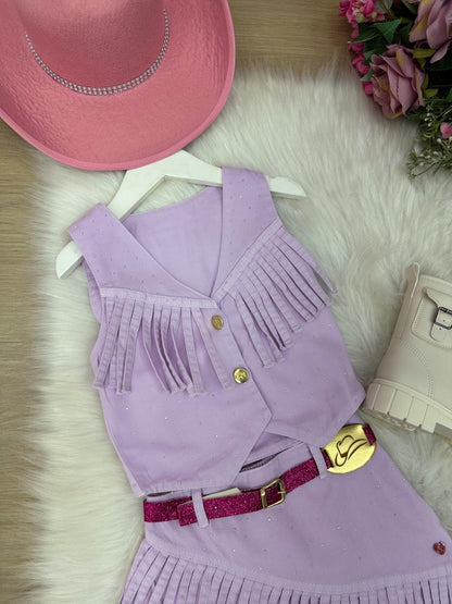 Conjunto Blogueirinha Boiadeira Jeans Lilás Fashion