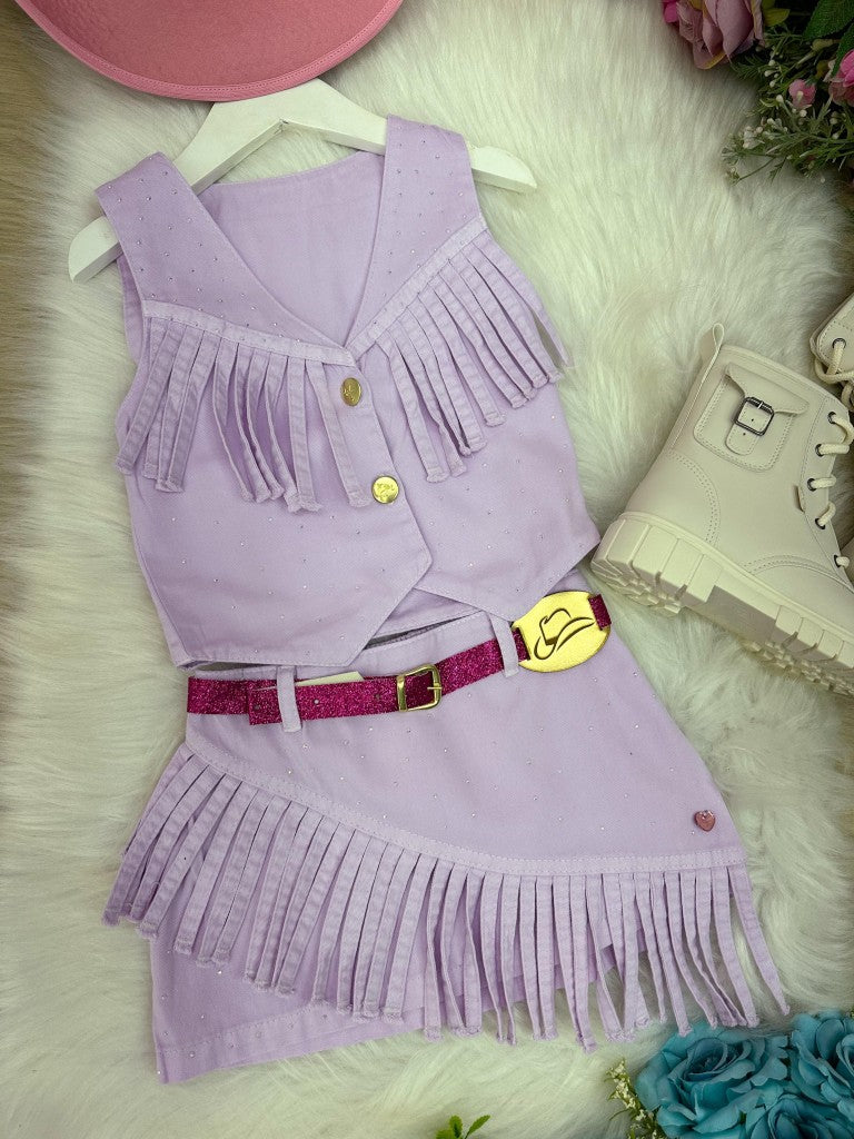 Conjunto Blogueirinha Boiadeira Jeans Lilás Fashion