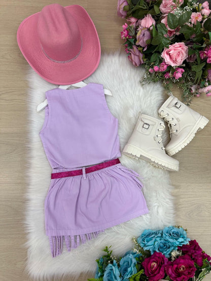 Conjunto Blogueirinha Boiadeira Jeans Lilás Fashion