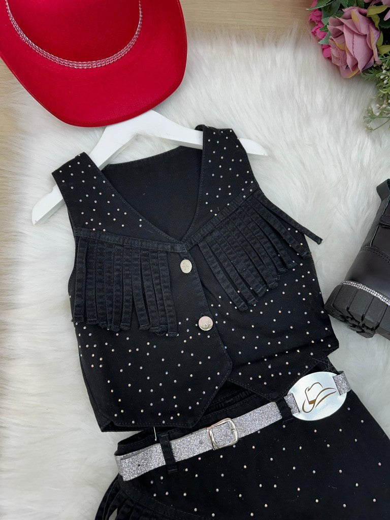 Conjunto Blogueirinha Boiadeira Jeans Preto Estiloso