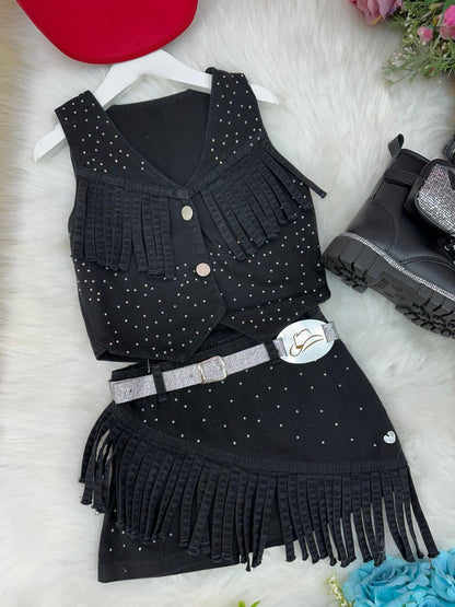 Conjunto Blogueirinha Boiadeira Jeans Preto Estiloso