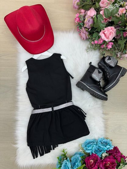 Conjunto Blogueirinha Boiadeira Jeans Preto Estiloso