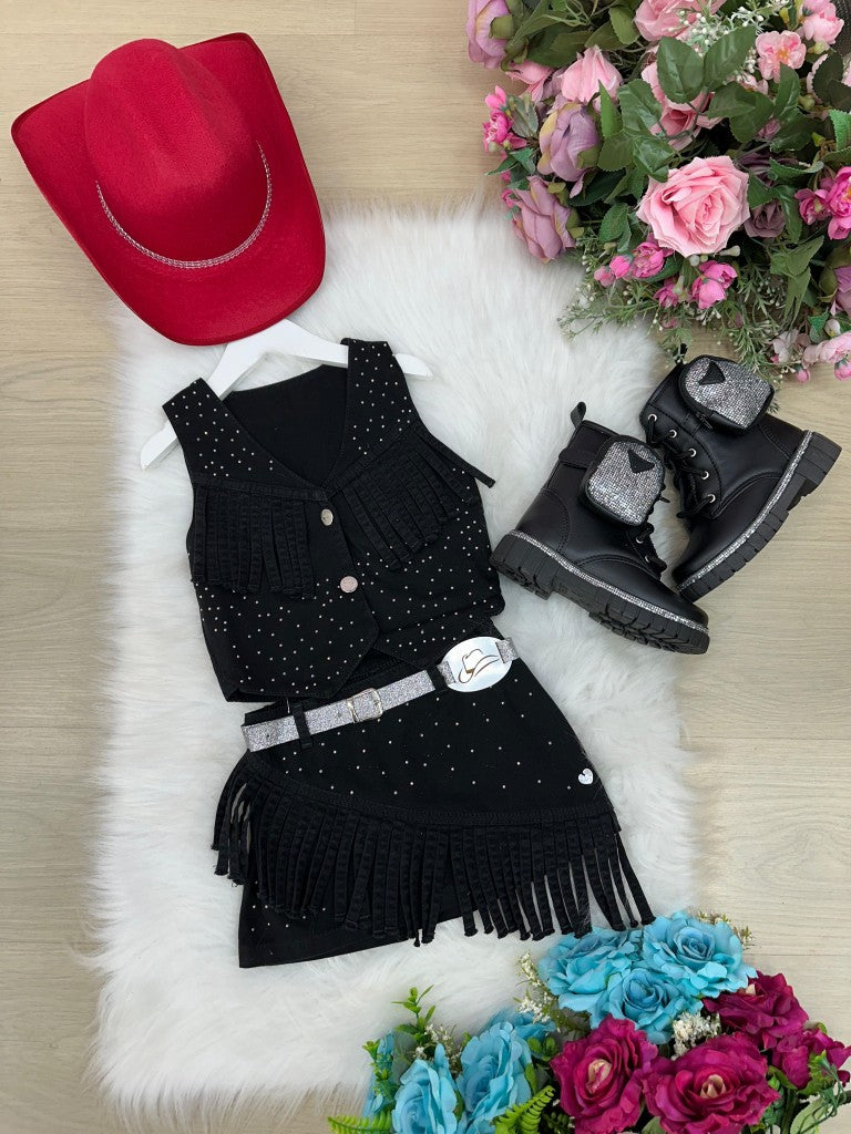 Conjunto Blogueirinha Boiadeira Jeans Preto Estiloso