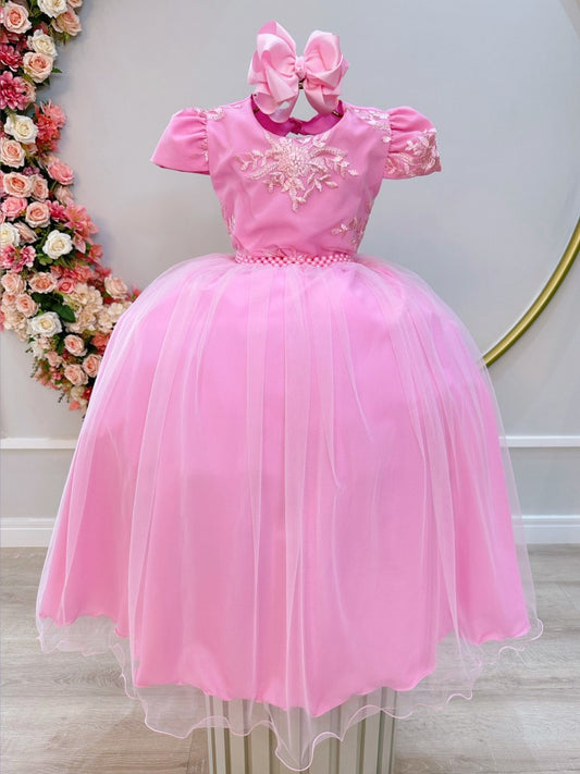 Vestido Infantil Rosa em Cetim com Renda Delicada para Casamento