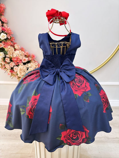 Vestido Infantil Azul Marinho em Cetim com Saia Florida e Busto Plissado para Festa de Aniversário