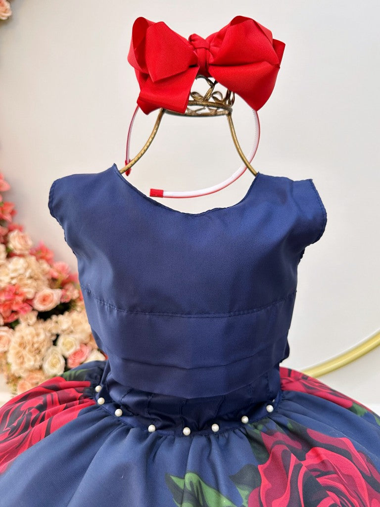 Vestido Infantil Azul Marinho em Cetim com Saia Florida e Busto Plissado para Festa de Aniversário