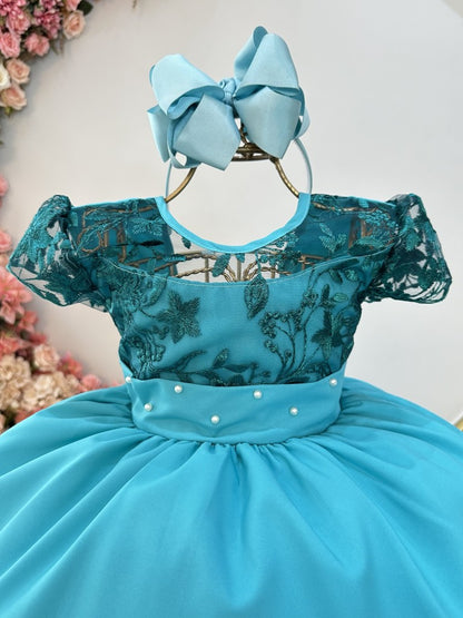 Vestido Infantil Verde Bandeira em Cetim com Renda Delicada para Daminhas