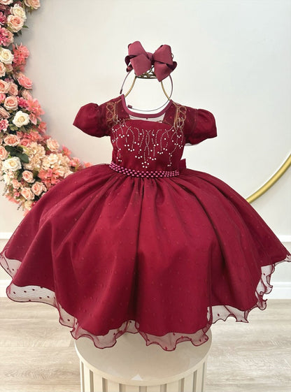 Vestido Infantil Marsala em Tule com Pérolas e Laço nas Costas para Festa de Aniversário