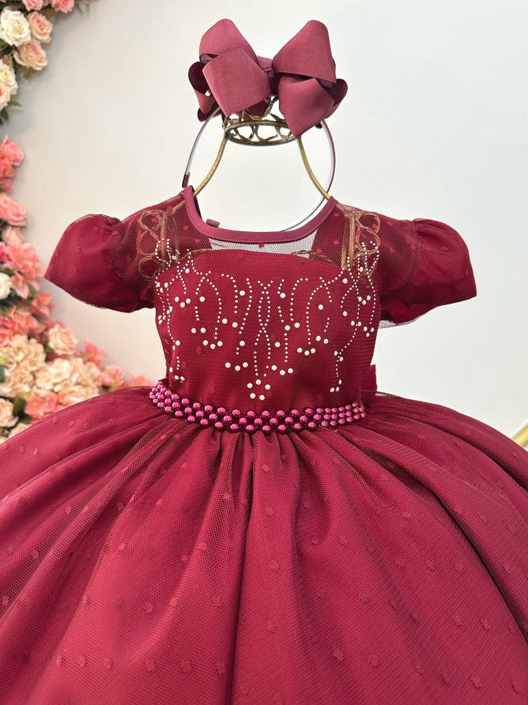 Vestido Infantil Marsala em Tule com Pérolas e Laço nas Costas para Festa de Aniversário
