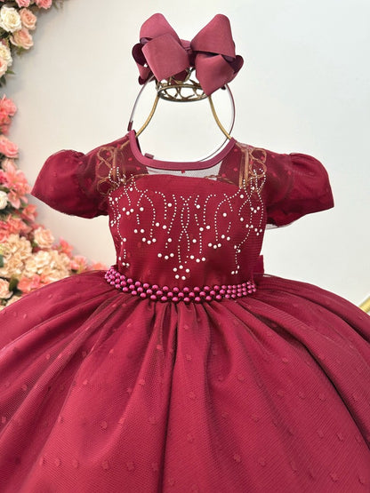 Vestido Infantil Marsala em Tule com Pérolas e Laço nas Costas para Festa de Aniversário