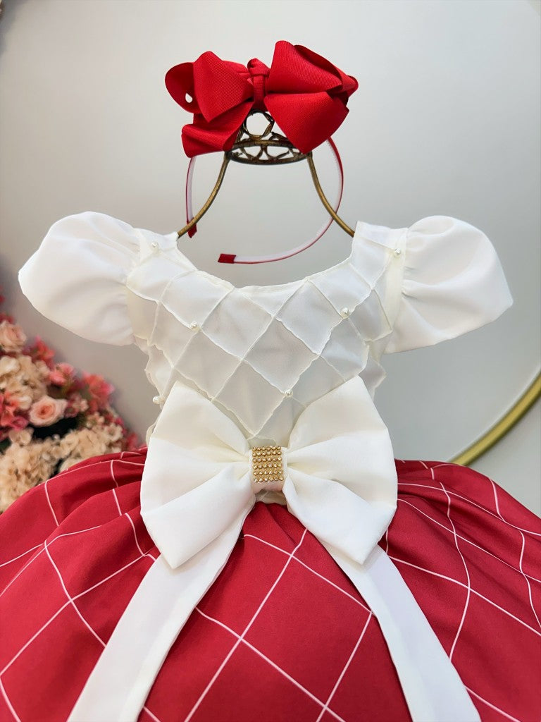 Vestido Infantil Marfim Busto Nervura e Saia Vermelha Festas