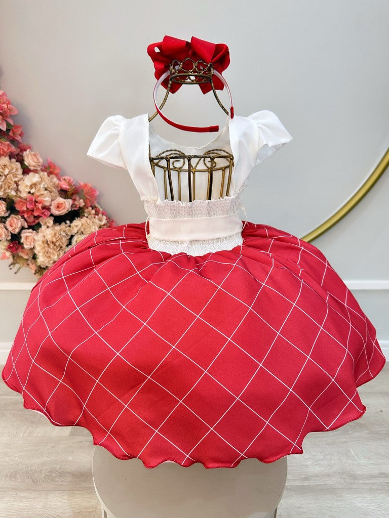 Vestido Infantil Marfim Busto Nervura e Saia Vermelha Festas
