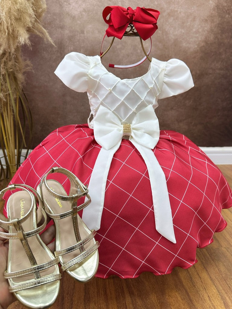 Vestido Infantil Marfim Busto Nervura e Saia Vermelha Festas