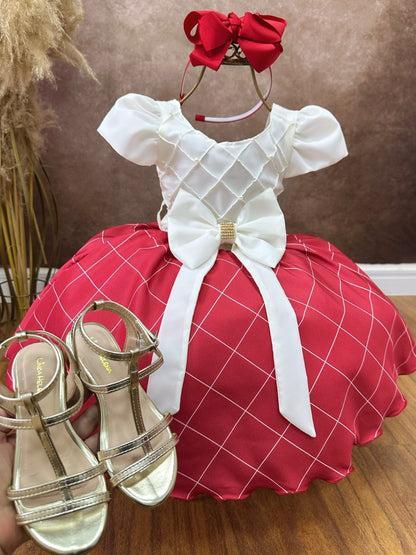 Vestido Infantil Marfim Busto Nervura e Saia Vermelha Festas