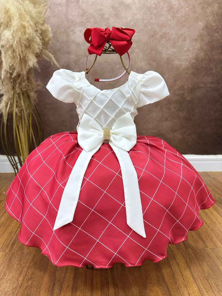 Vestido Infantil Marfim Busto Nervura e Saia Vermelha Festas