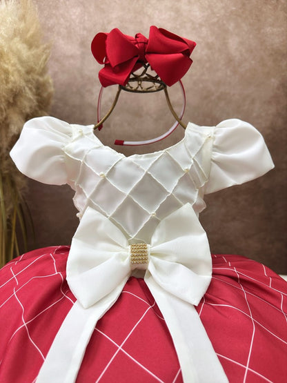 Vestido Infantil Marfim Busto Nervura e Saia Vermelha Festas