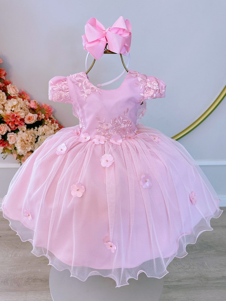 Vestido Infantil Rosa em Tule com Renda e Saia Rodada para Festa de Aniversário