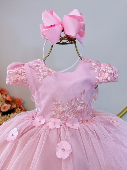 Vestido Infantil Rosa em Tule com Renda e Saia Rodada para Festa de Aniversário