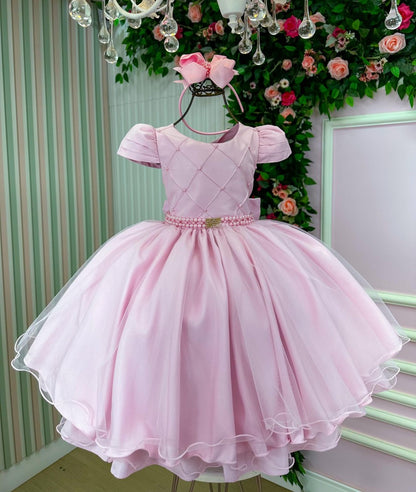 Vestido Infantil Rosa em Cetim com Saia Rodada e Renda