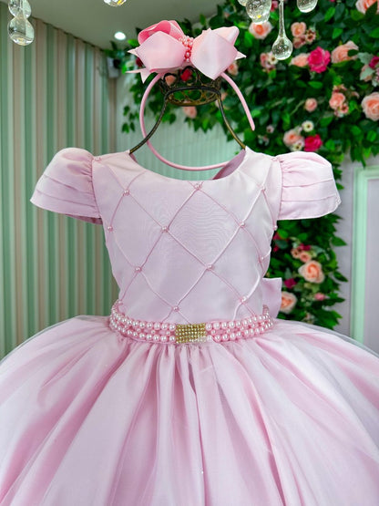 Vestido Infantil Rosa em Cetim com Saia Rodada e Renda