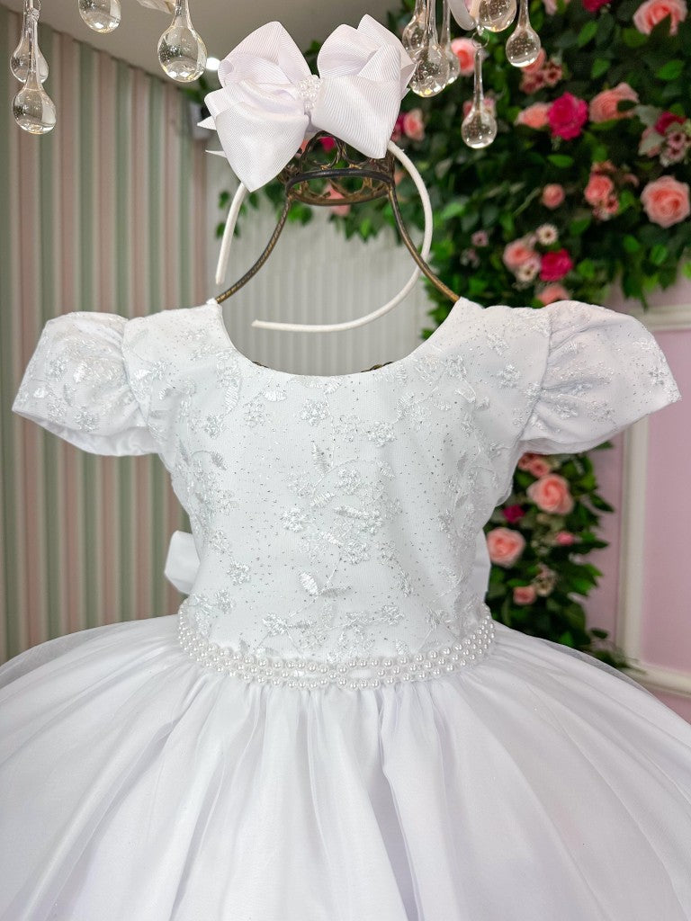 Vestido Infantil Branco em Tecido Misto com Saia Longa e Laço nas Costas para Daminhas