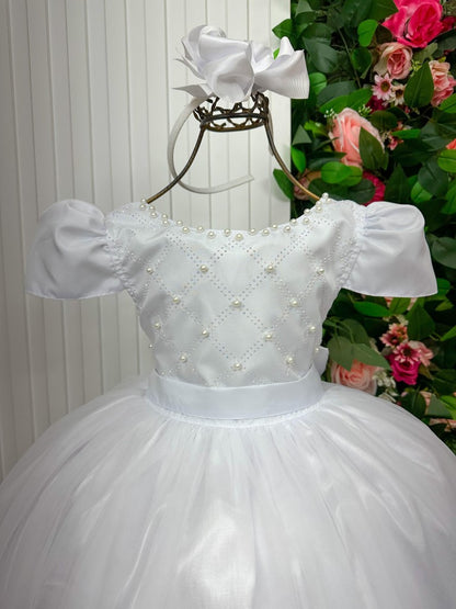 Vestido Infantil Branco em Tecido Misto com Saia Rodada para Daminhas