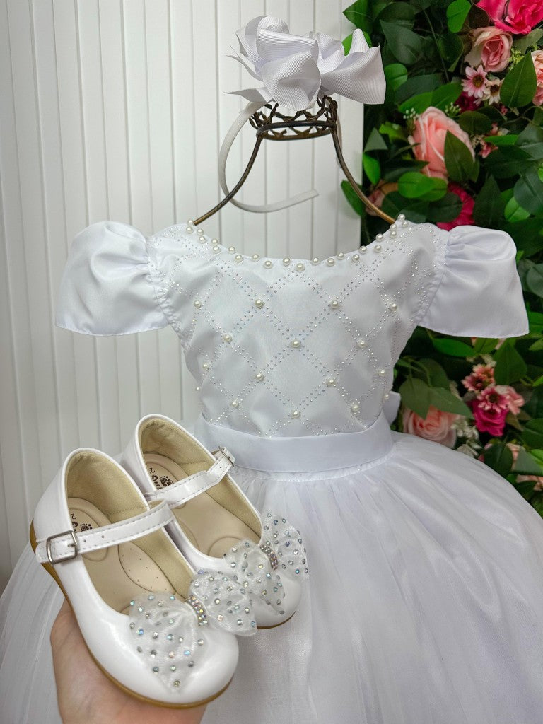Vestido Infantil Branco em Tecido Misto com Saia Rodada para Daminhas