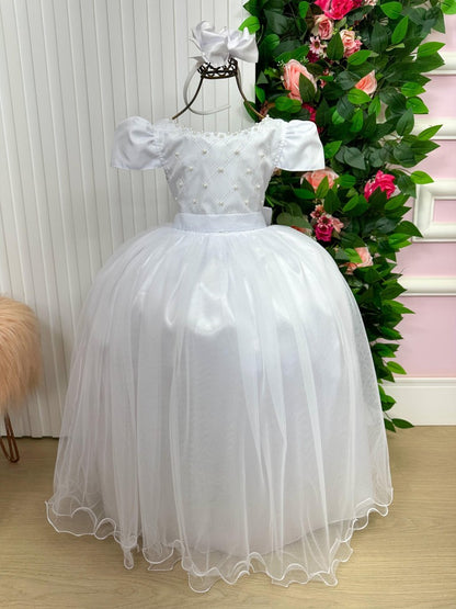 Vestido Infantil Branco em Tecido Misto com Saia Rodada para Daminhas