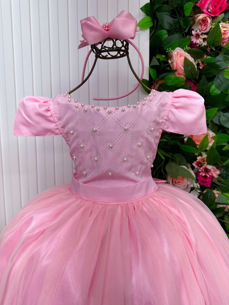 Vestido Infantil Rosa Bebê em Tecido Misto com Strass e Laço Elegante para Festa de Aniversário