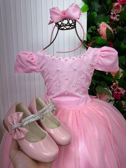 Vestido Infantil Rosa Bebê em Tecido Misto com Strass e Laço Elegante para Festa de Aniversário