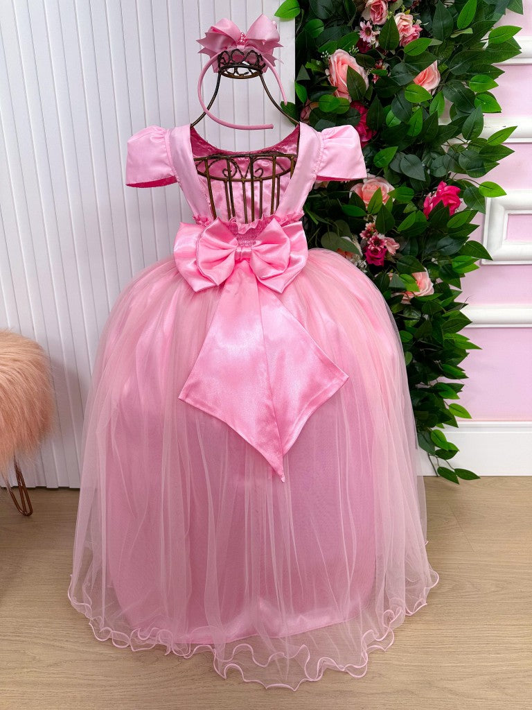 Vestido Infantil Rosa Bebê em Tecido Misto com Strass e Laço Elegante para Festa de Aniversário