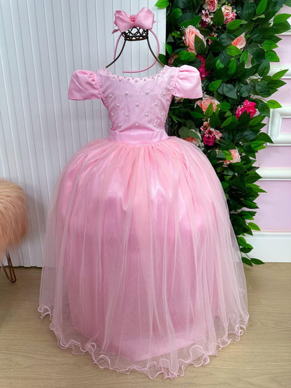 Vestido Infantil Rosa Bebê em Tecido Misto com Strass e Laço Elegante para Festa de Aniversário