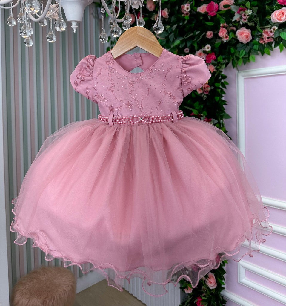 Vestido Infantil Rosa em Tafetá com Detalhes em Strass e Flores para Festa de Aniversário