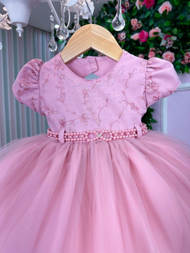 Vestido Infantil Rosa em Tafetá com Detalhes em Strass e Flores para Festa de Aniversário