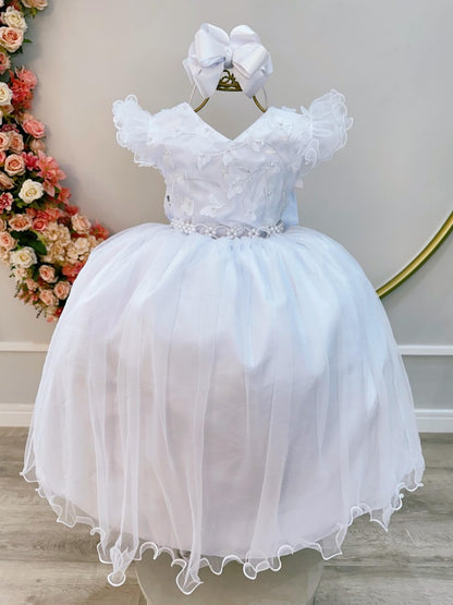 Vestido Infantil Branco em Tule com Apliques Saia Rodada para Daminhas