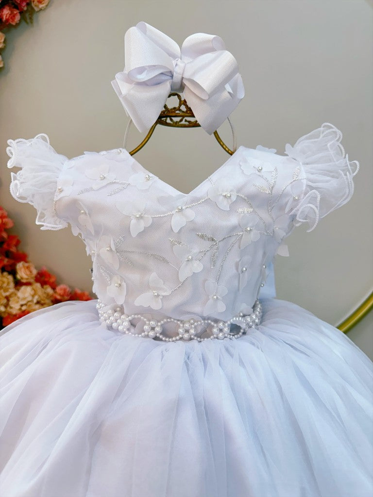 Vestido Infantil Branco em Tule com Apliques Saia Rodada para Daminhas