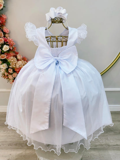 Vestido Infantil Branco em Tule com Apliques Saia Rodada para Daminhas