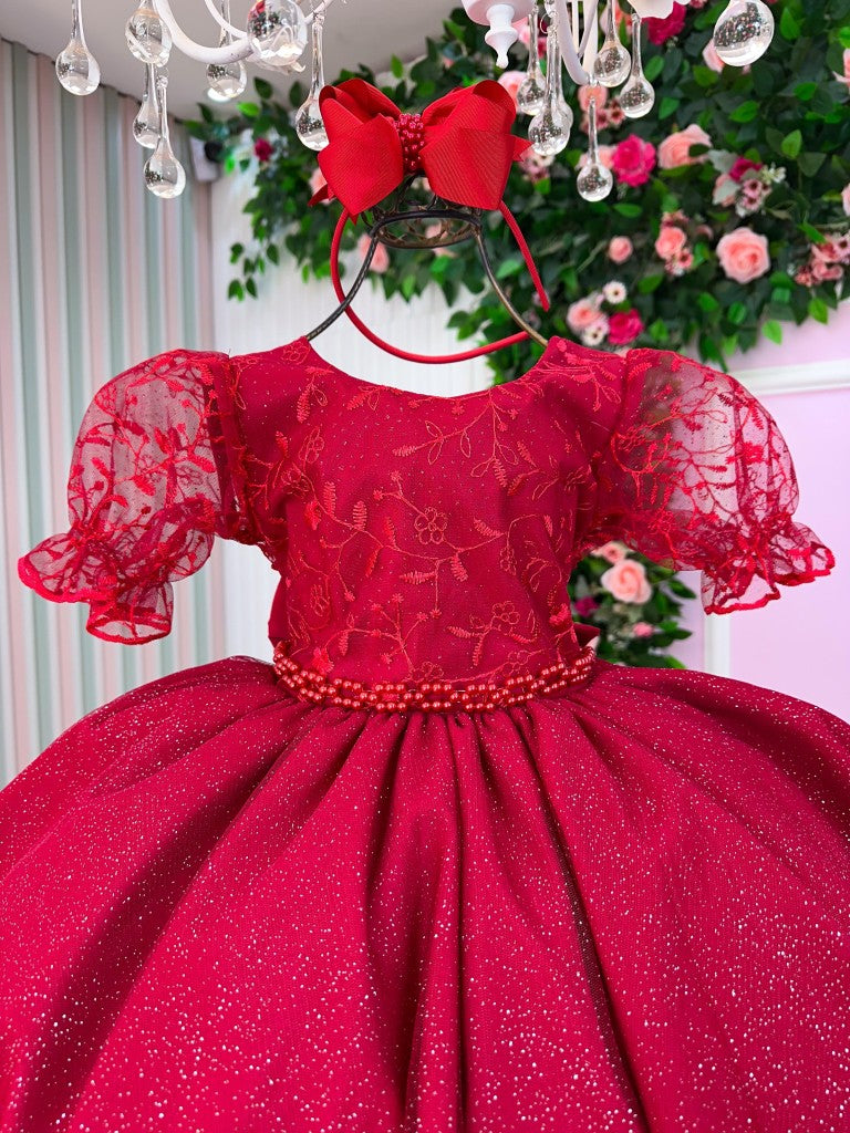 Vestido Infantil Vermelho em Tule com Renda e Cinto de Pérolas com Saia Rodada para Festa de Aniversário