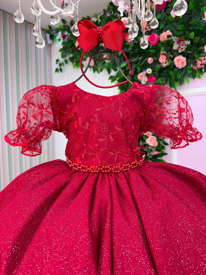 Vestido Infantil Vermelho em Tule com Renda e Cinto de Pérolas com Saia Rodada para Festa de Aniversário